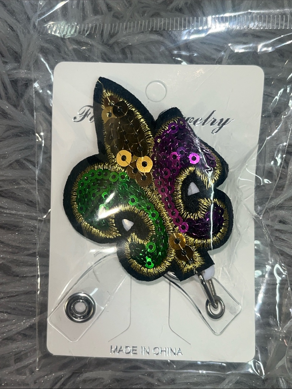 Sequined Fleur-de-Lis Badge Holder - Green, Purple & Gold